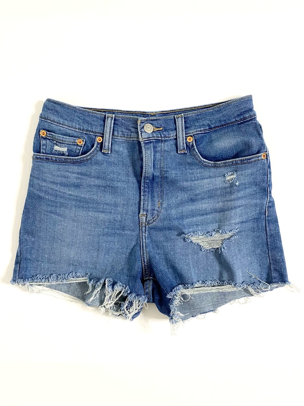 Levi’s | Medium-Wash Denim Cut-Off/Raw-Hem High-Rise Jean Shorts Sz 28